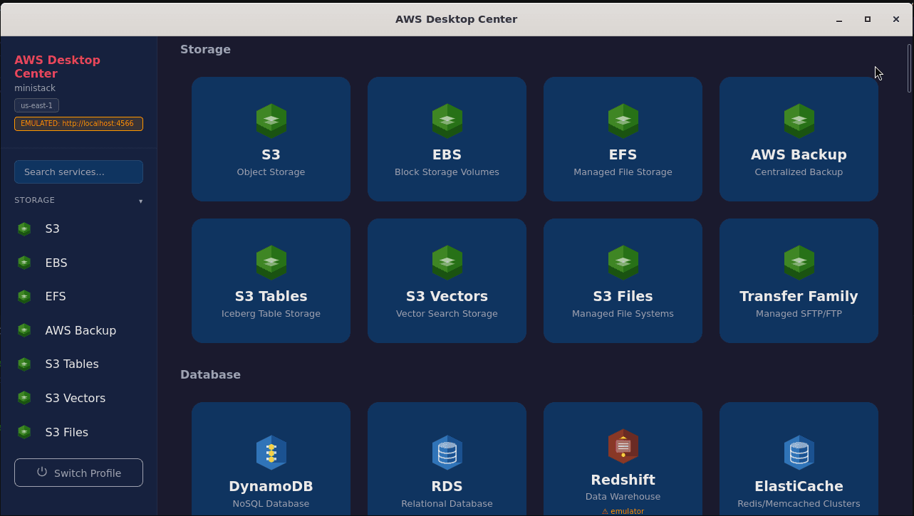AWS Desktop Center dashboard with AWS modules organized by domain